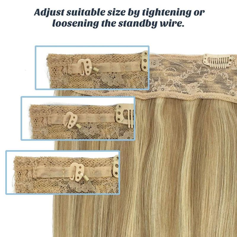 Extensions Human Hair Ombre Light Blonde Highlighted Golden Blonde 20 Inch Remy Halo Hidden Crown Wire Hair Extensions with Transparent Fish Line Hairp