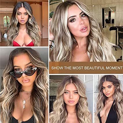 Long Wavy Wig Ombre Blonde Wigs for Women Synthetic Curly Hair Wigs Middle Part Heat Resistant Fibre for Daily Party Use