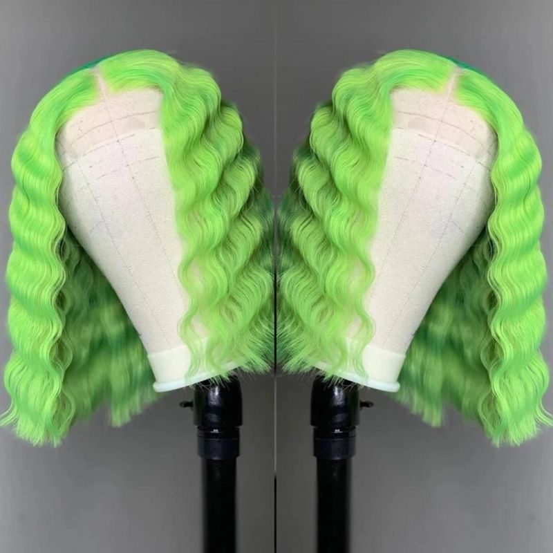 Lace Part Short Green Human Hair Wigs Straight and Deep Wave Middle Wig for Black Women Pre Plucked with Baby Hair 13X4X1 Lace 10 Inches