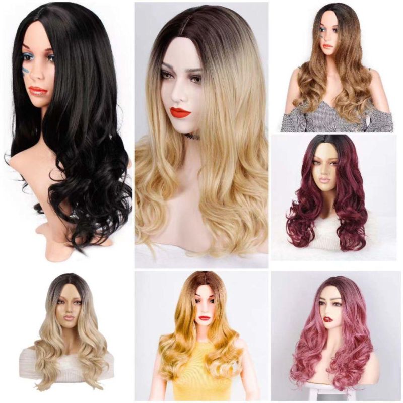 Synthetic Wigs with Dark Roots Ombre Wine Red Body Wave Middle Part Long Heat Resistant Fiber Hair for Women