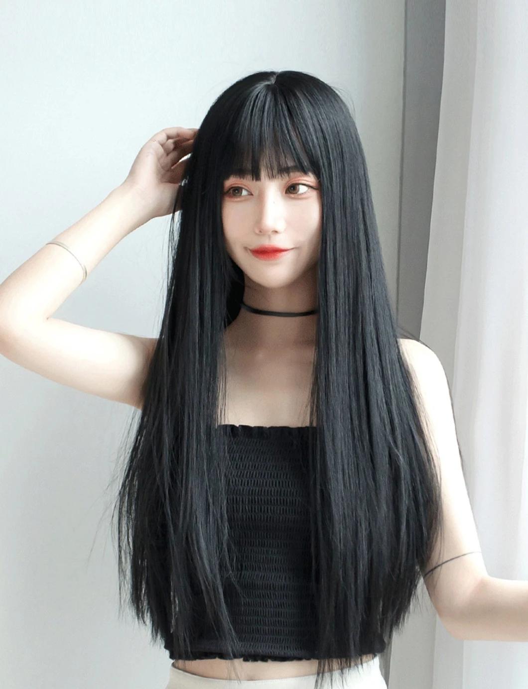 Brazilian Human Hair Lace Front Women Wig Female Hair Wigs with Closure with Bang Cosplay Black Long Straight Wig 24 Inch