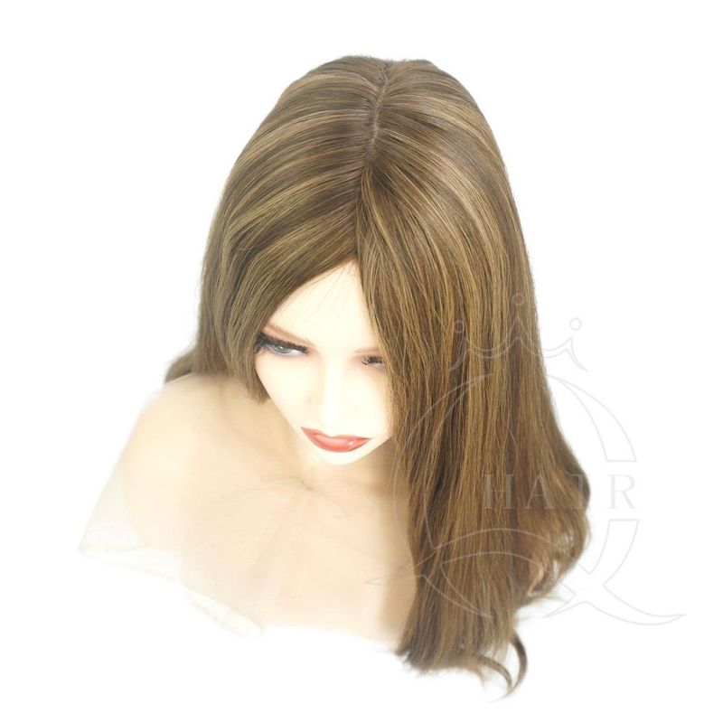 Big Layer Dark Brown Color Wig with Highlight Color Human Hair Wig Custom Wig for Israel Jewish Hasidic Women Kosher Wig Skin Top Wig Front Lace Can Be Adjust