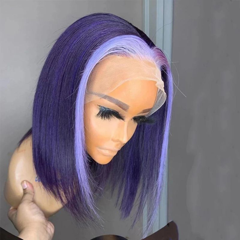 13X4 Lace Part Human Hair Wigs Silky Straight Light Purple Color Bob Wig for Black Women Pre Plucked with Baby Hair 12 Inches