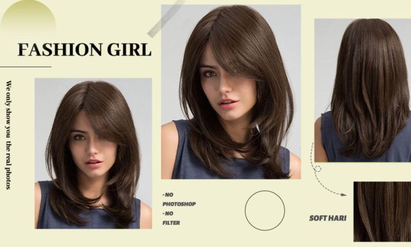 Dark Brown Brazilian Hair Lace Front Wig with Closure Daily Natural Wave Human Hair Wigs for Women Side Part Hair with Bangs 18 Inch