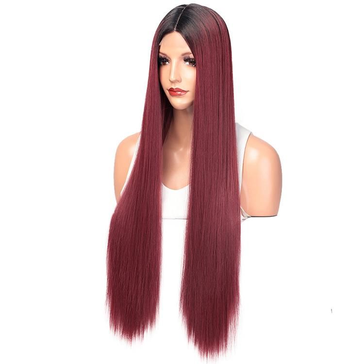 28inch Long Straight Ombre Wine Red Dark Root Wig Middle Part Lace Synthetic Wigs