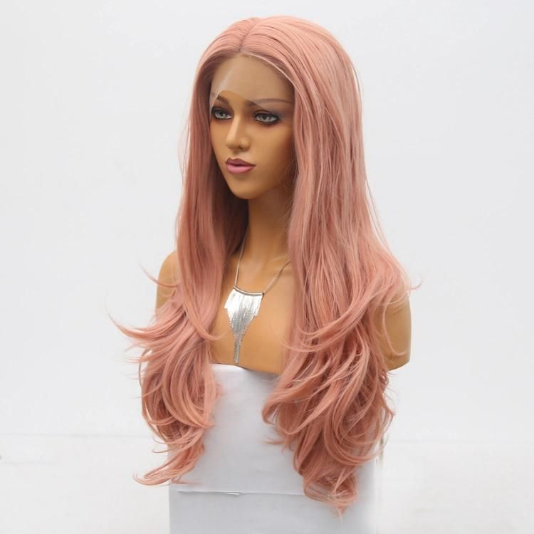 China Wig Synthetic Fiber Lace Frontal Long Natural Wavy Pink Hair Wig
