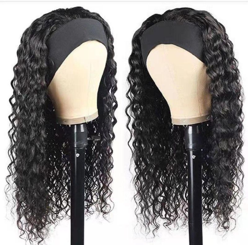 Wholesale Headband Brazilian Hair Half Curly Wig 150 Density Natural Black Curly Hand Made Headband Wigs for Black Women