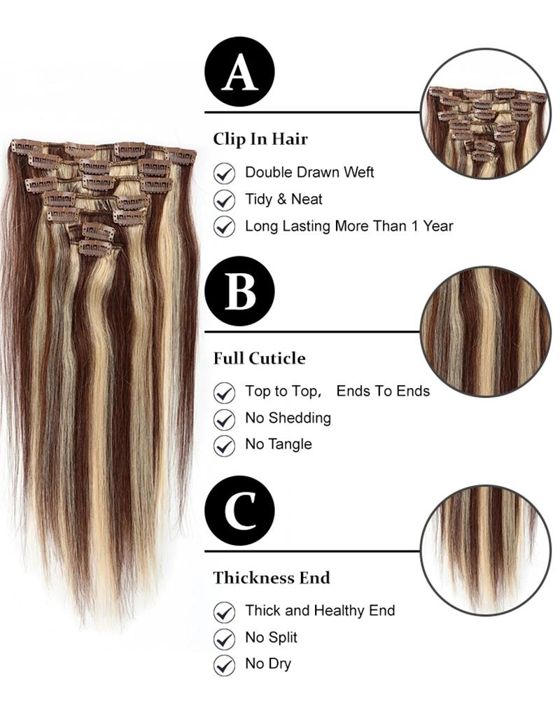Double Drawn Thick Ends Cuticle Aligned Hair Clip in Hair Extensions #P14/60