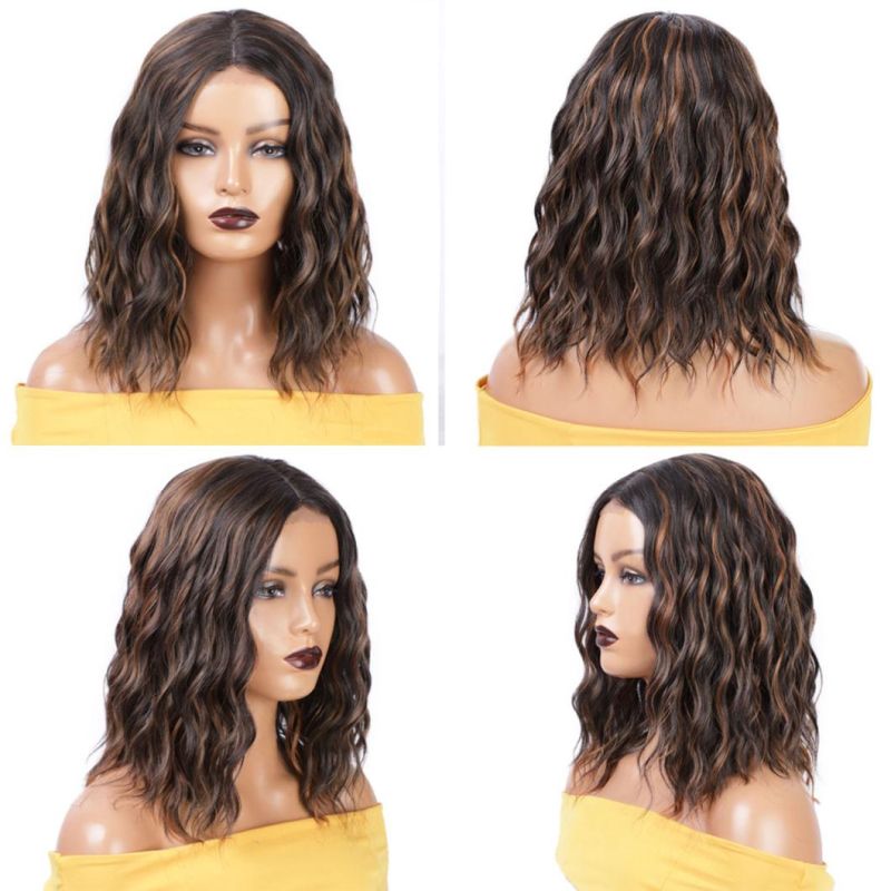 14 Inch Human Brazilian Hair Wigs Lace Front Middle Part Mixed Black Color and Brown Natural Wave Wig for Black Women