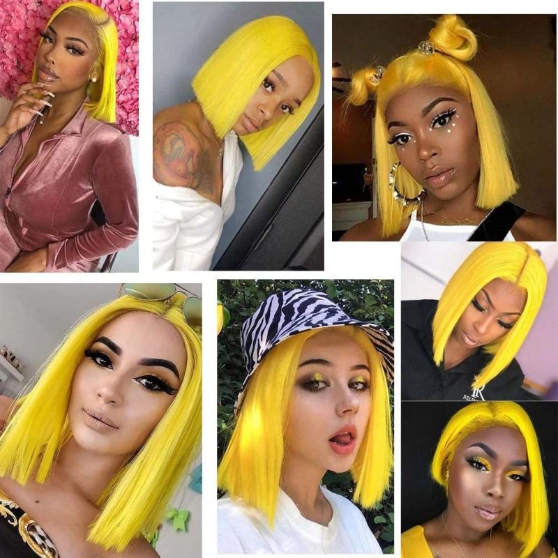 Yellow Bob Wigs with Bangs 10 Inch Yellow Straight Wig for Women Shoulder Length Girl′s Synthetic Colorful Hair for Halloween Costume Cosplay Wear