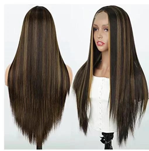 Highlight Ombre Brown Color Synthetic Long Straight Lace Wigs Human Hair