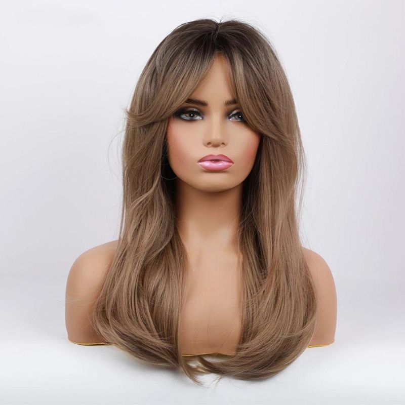 Long Natural Wave Brazilian Wig Black Light Brown Ombre Lace Front Hair Wig with Closure Bangs for Black White Women Daily Use Fluffy Wigs 22 Inch