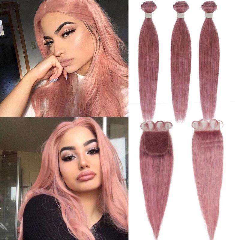 Bundles with Closure Straight Human Hair Pink Bundles with Transparent Closure Brazilian Hair Weave Bundles Hair Weft