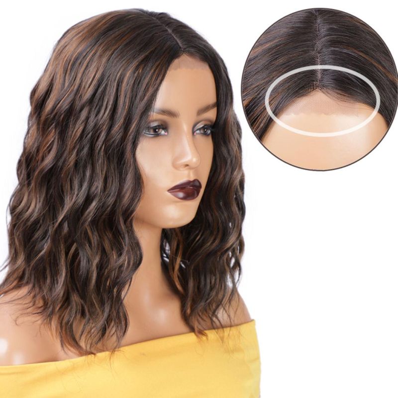 14 Inch Human Brazilian Hair Wigs Lace Front Middle Part Mixed Black Color and Brown Natural Wave Wig for Black Women