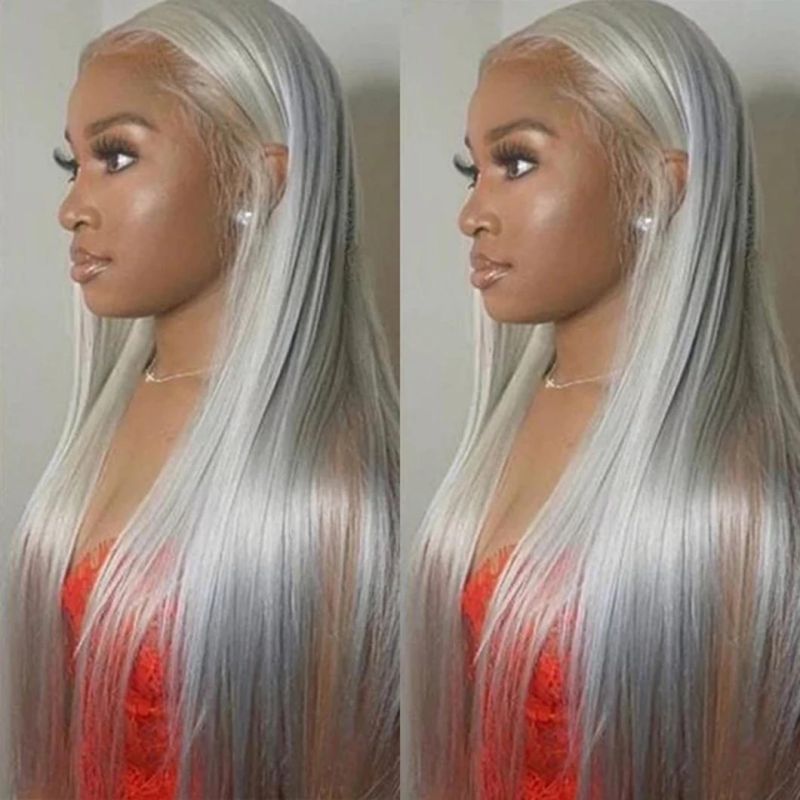 Brazilian Lace Front 13X4 Human Hair Wigs Straight Grey Lace Front Wig Pre Plucked Silver Gray Long Remy Hair Wigs 150% Density 28 Inches