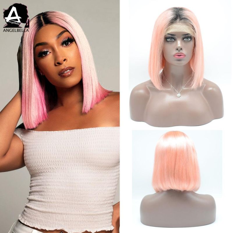 Angelbella Ombre 1b#-Pink Bob Wigs Virgin Remy Human Hair Lace Front Wig