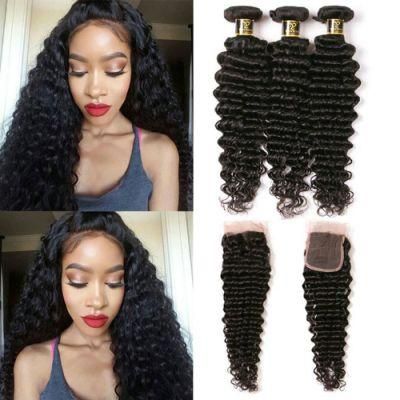 Kbeth Cheap Hot Sale Deep Wave Peruvian 3 Hair Bundles with Lace Toupee 100% Unprocessed Human Hair 4*4 Lace Toupee Factory Price