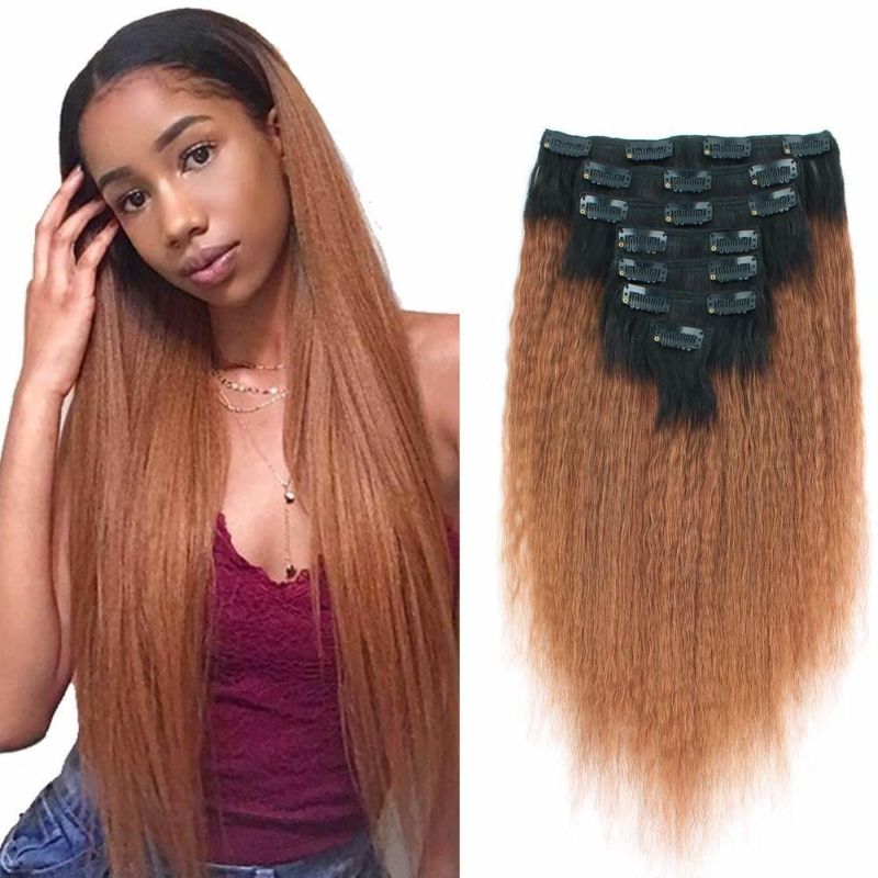 Kbeth Human Hair Extension Clip in for Black Women Remy Long Tangle Free Yaki Kinky Straight 100% Unprocessed Black Brown Color Human Hair Extensions