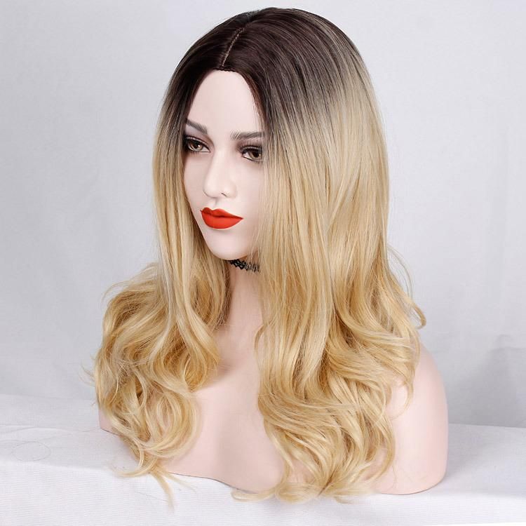 China Wig 24inch Blond Color Middle Part Heat Resistant Synthetic Fiber Long Wavy Wigs for Women