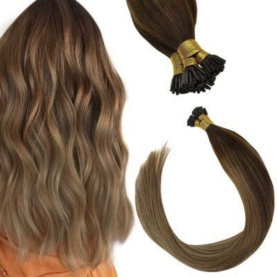 I Tip Hair Extensions Human Hair Balayage Dark Brown to Golden Brown Mixed Golden Blonde Balayage Human Hair I Tip Extensions 16inch 50g/Pack