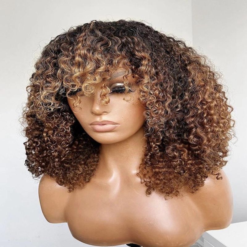 Kbeth Top Quality Fast Shipping Glueless Cheap Machine Made Human Hair Wigs Thick Highlight Color Curly Wigs with Bang Wholesale Price