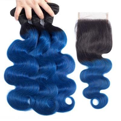 Straight Ombre Hair Bundles with Closure Blue Brazilian Human Hair Weave Bundles with Closure Remy Hair