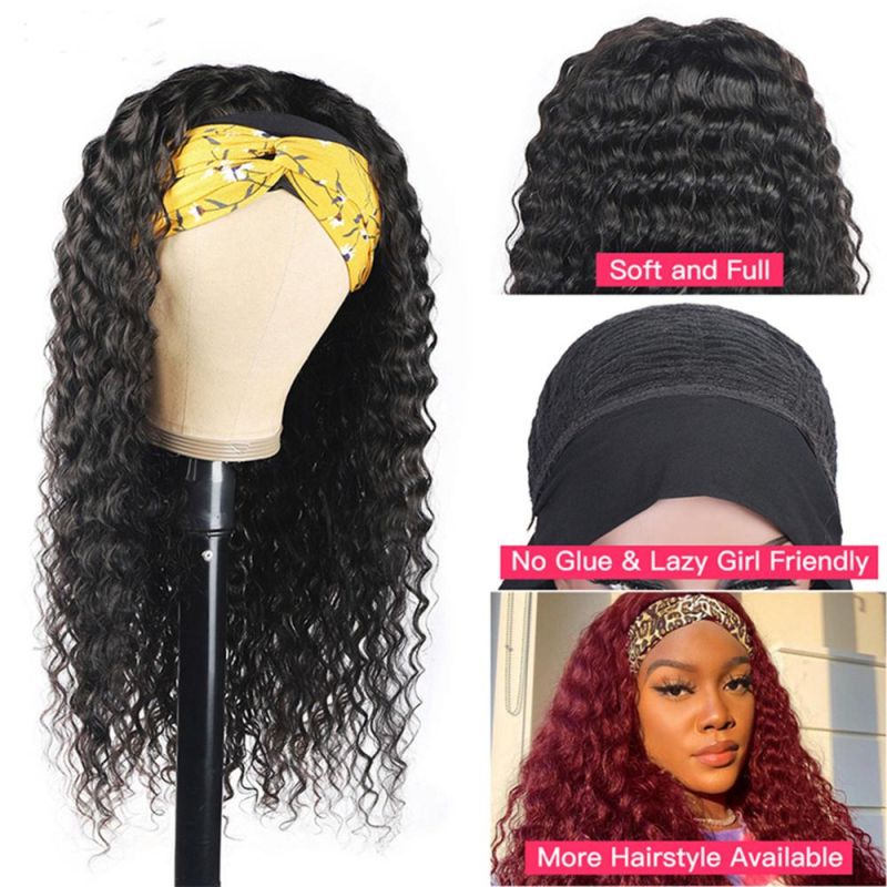 Kbeth Headband Human Hair Wig Deep Wave 100% Virgin Brazilian Hair Wigs, 180% Density Machine Made Wigs for Black Women Wholesale