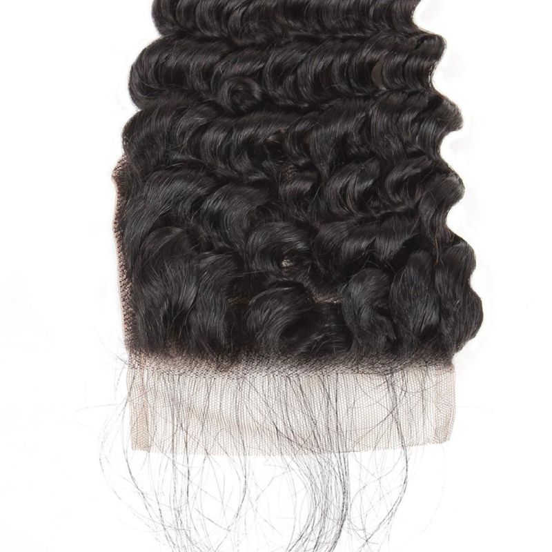 7A Virgin 4*4 Non-Remy Lace Frontal Closure Deep Wavy Free Part Hair Weave #Black