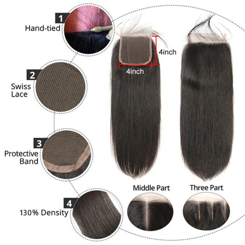 4X4 Straight Lace Closure Free/Middle/Three Part 8-20 Inches Natural Color Non-Remy Brazilian Human Hair for Women Elegant Hair