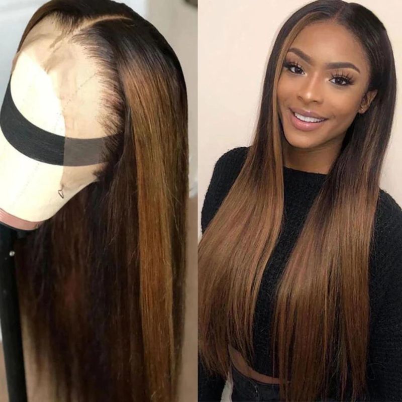 Straight Lace Front Wig Human Hair Ombre Brown Wig Highlight Colored Transparent HD Lace Frontal Wig Full Pre Plucked 30 Inches