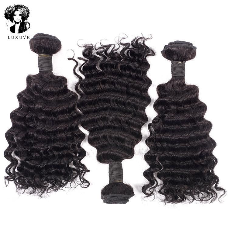 Luxuve Raw Vietnamese Single Donor Hair Deep Wave Hair Lace Frontal Wig Good Quality of Human Hair Extensions Bundles