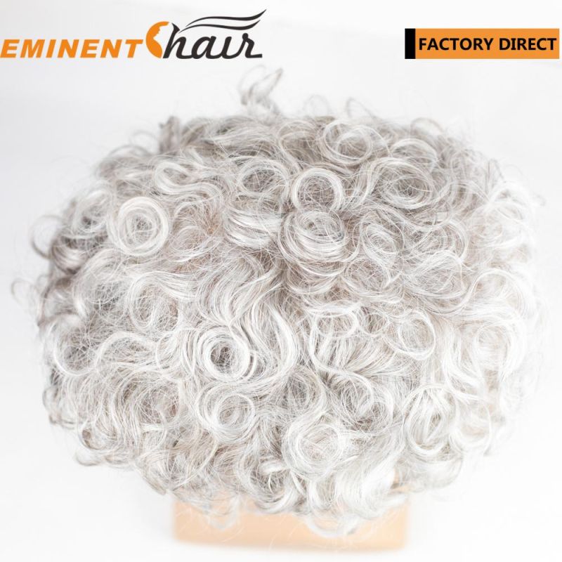 Human Grey Hair Replacement Remy Hair System Curly Men′s Toupee