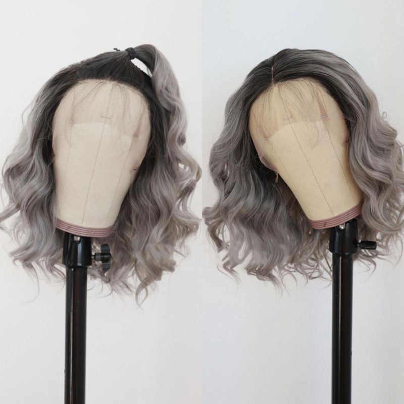 Short Bob Ombre Glueless Lace Front Wigs 1b/Gray Wavy Style Heat Resistant Fiber Synthetic Hair Wig