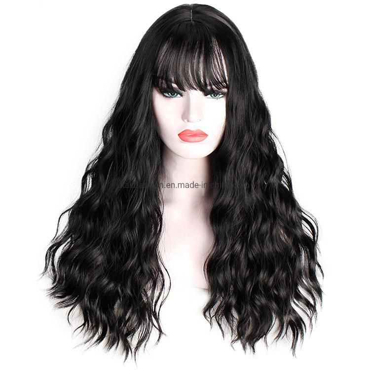 Natural Body Wave Long Hair Wigs Wholesale Factory Price Synthetic Wigs Black Hair Wigs with Bangs