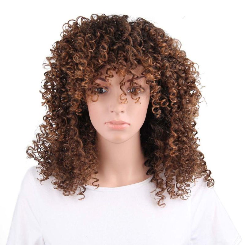 Synthetic Short Afro Curly Wigs Ombre Brown Heat Resistant Fiber Wig for Women