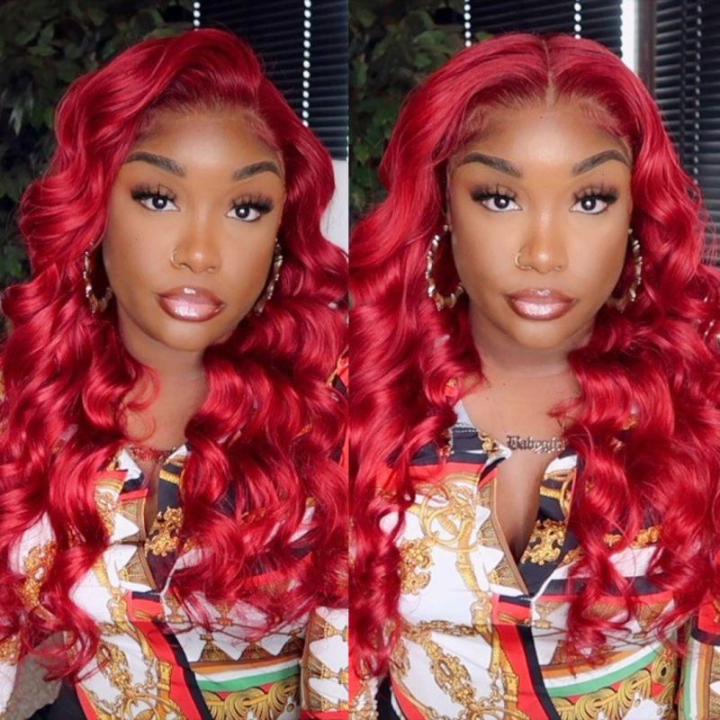 Red 13X6 Lace Front Wig Body Wave Virgin Human Hair Wigs 200d