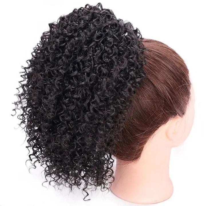 8inch Short Afro Curly Ombre Red Wine Color Synthetic Clip in Hair Extension Stretch Mesh Ponytail