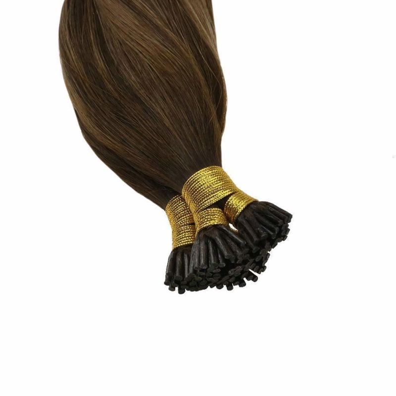 I Tip Human Hair Extensions Balayage #4/10/16 Dark Brown Fading to Golden Brown Mixed Golden Blonde Salon Hair I Tip Human Hair Extentions 24inch 1g/Strand 50g/