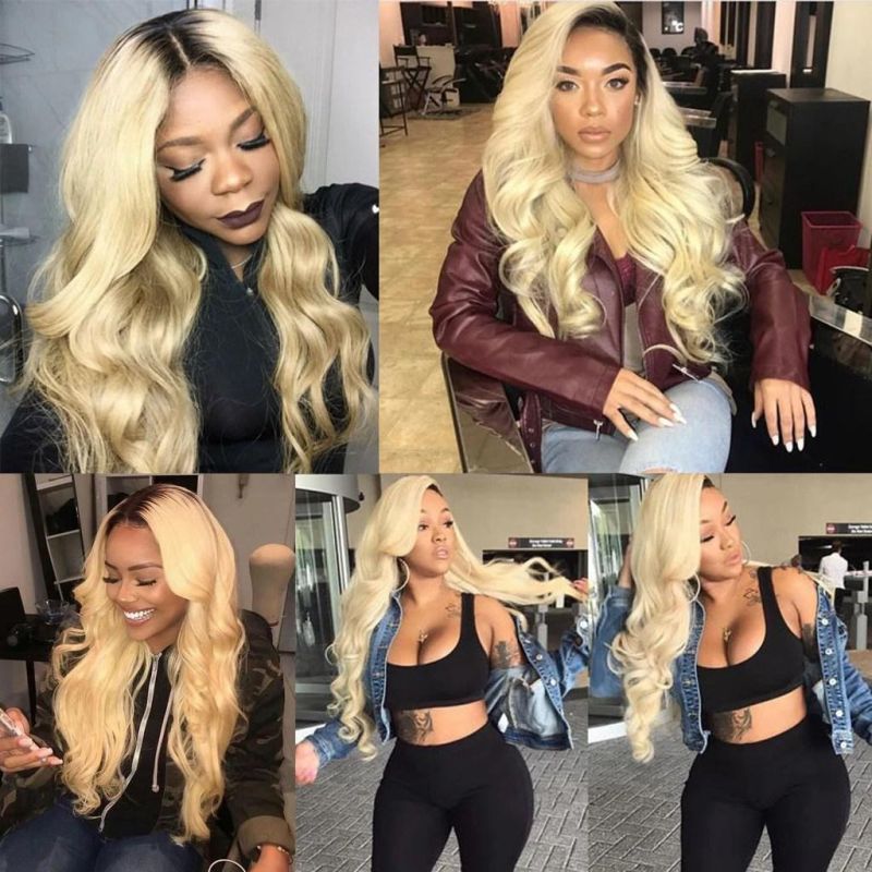 1b 613 Dark Root Blonde Ombre Brazilian Remy Body Wave Hair Extensions with 13X4 Lace Frontal Closure Free Middle Part Honey Blonde Bundles with Frontal