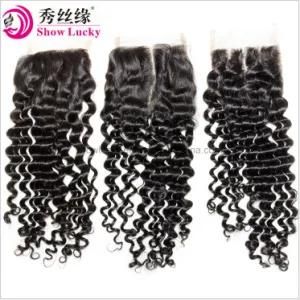 Top Quality Remy Brazilian Human Hair Deep Wave Curly Lace Closure 4*4 Bleached Knots with Baby Hair in Stock