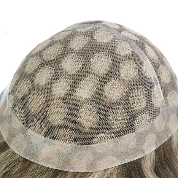 Men′s Natural Human Hair Toupee French Lace with Clear PU Around with Spot Highlight