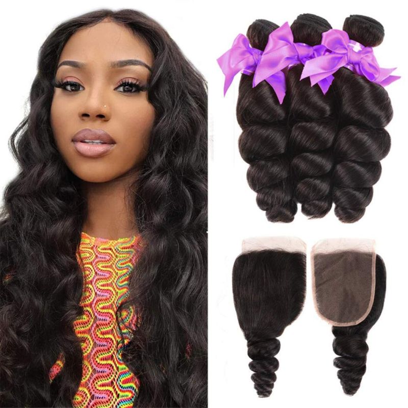 Loose Wave 3 Bundles with Lace Closure 100% Unprocessed Virgin Human Hair Bundles Free Part Natural Color