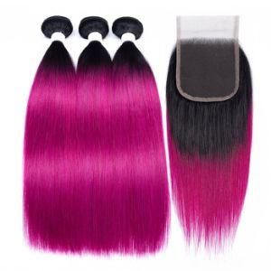 Brazilian Straight Hair Bundles with Closure Ombre Hair Ot Rose Red