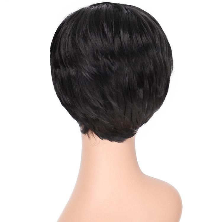 Wholesale Short Silky Straight Pixie Cut Wigs with Bangs Synthetic Black for Black Women