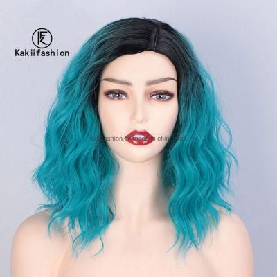 Kakiifahion Hair New Design Vendor Wholesale Curly Water Wave Ombre Blue Body Wave Bob for Black Women Synthetic Hair Wigs