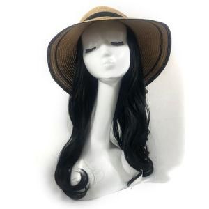 Viviabella Straw Hat with Natural Black Hair Body Wave Synthetic Wig Hat for Women Straw Hats with Hair Attached (L(Head Circum: 22.6&quot;-23.6&quot;))