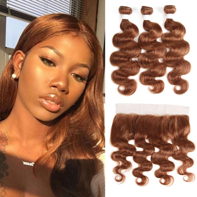 Brazilian Human Hair Bundles with Frontal Lace Auburn Brown Body Wave Non-Remy 100% Human Hair Weaves Bundle with Closure