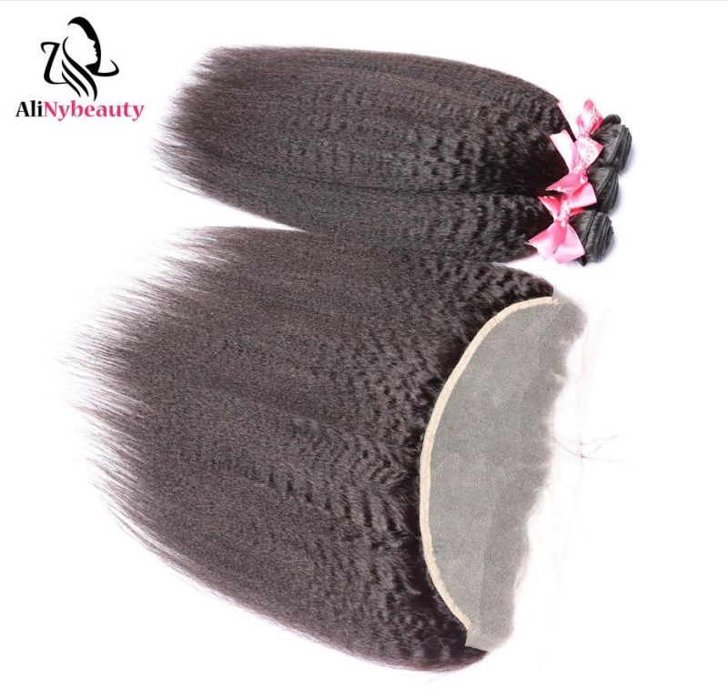 Alinybeauty Virgin Human Kinky Straight Hair Bundles with Lace Frontal