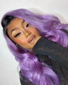 Long Wavy Ombre Purple Lace Front Wig Dark Roots Purple Human Hair Lace Wigs for Summer
