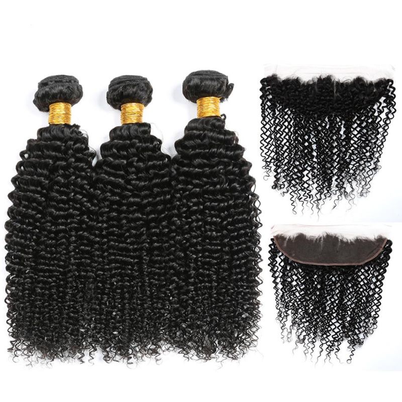 Peruvian Kinky Curly Hair Bundles with Frontal Curly Human Hair Bundles with Closure HD 13X4 Transparent Lace Front with Bundles Curly Lace Frontal Remy Hair